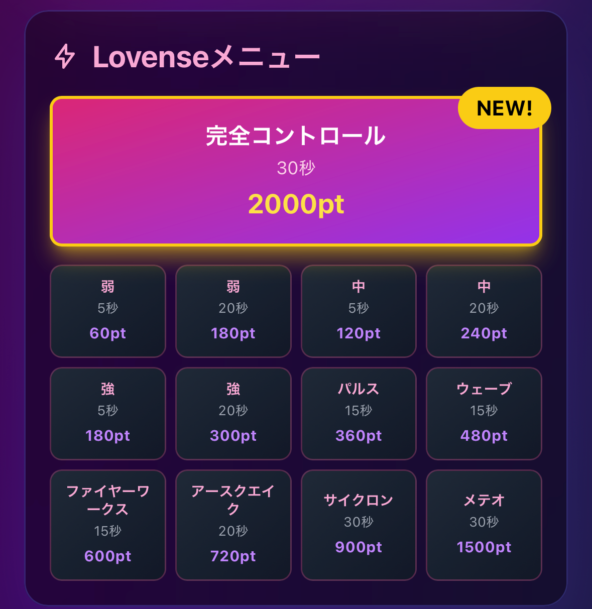 遠隔バイブ(Lovense)の操作メニュー画面